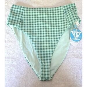 NWT Wet LA L Green Gingham Hi Rise Swim Bikini Bottom 128492
